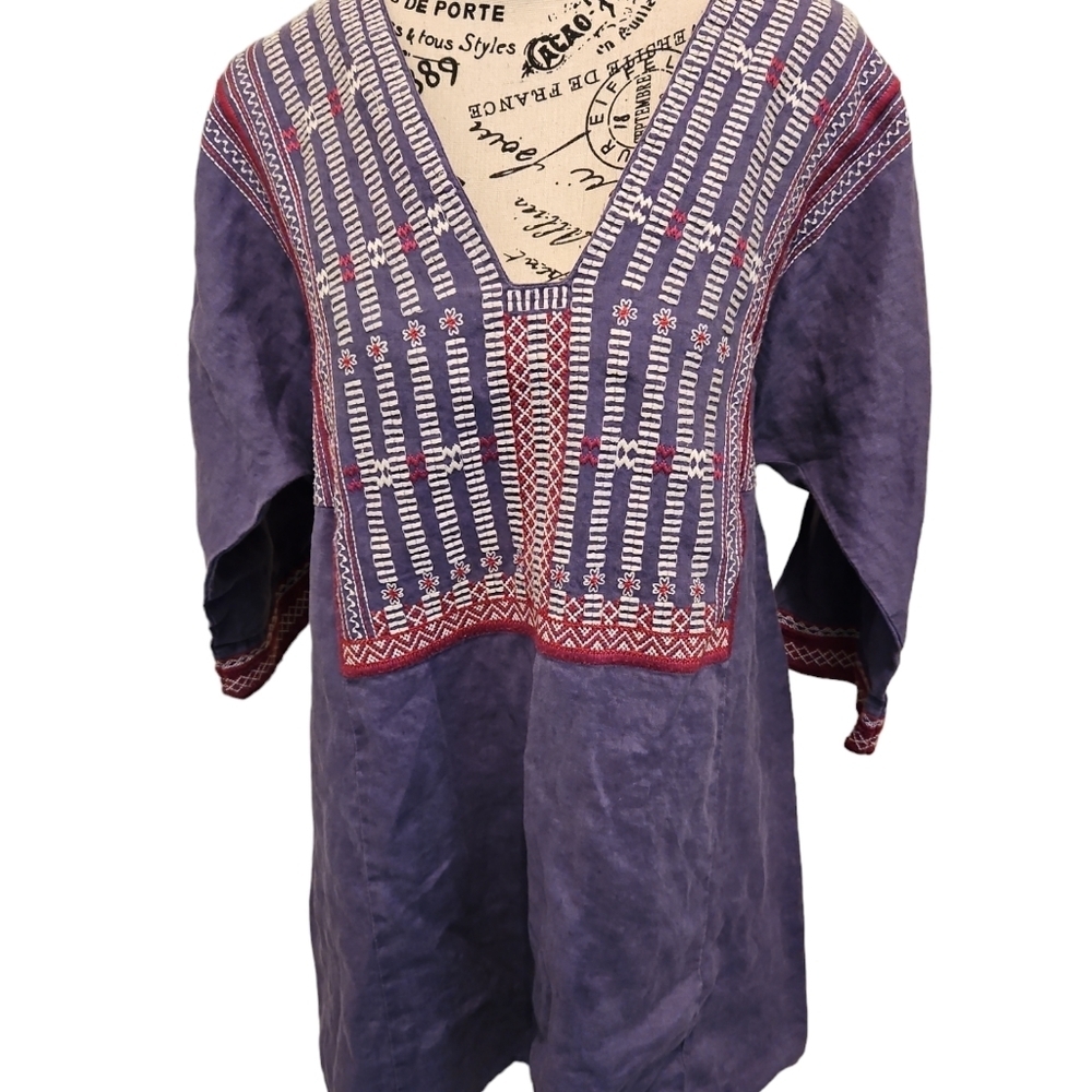 Cabi 996 Vintage Blue 100% Linen Embroidered 3/4 Sleeve Tunic Top Blouse M